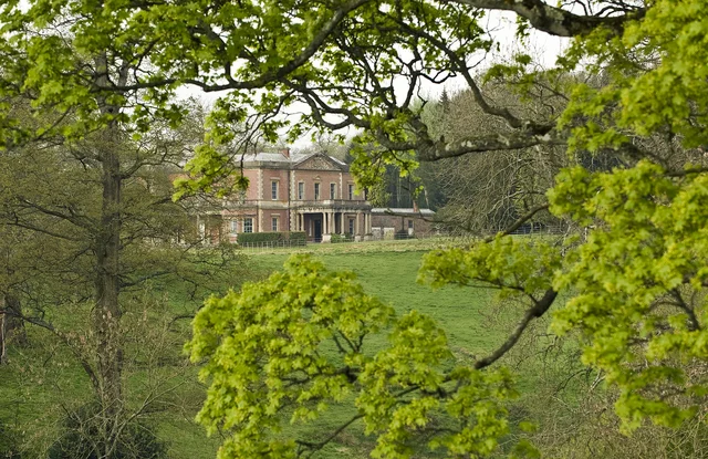 A distant country house viewed across a lawn through a frame of leafy tree branches.
