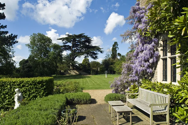 A wooden bench sits beneath purple flowering climbers, overlooking a gravel path, clipped hedges and an open lawn.