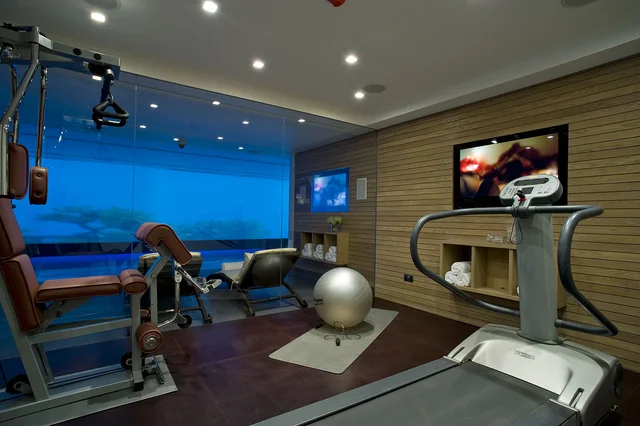 A gym with exercise equipment, a treadmill and a fitness ball looks through glass towards a blue-lit swimming pool.